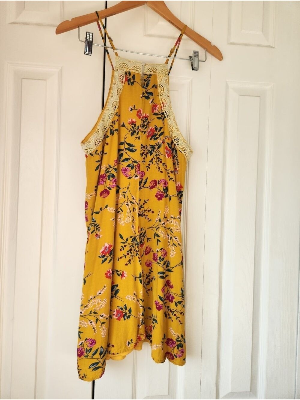 Blue Rain Floral Print Dress Small Yellow Lace Trim Sleeveless Summer Boho - Picture 6 of 16